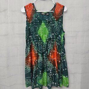 Sol Tank Tunic Green Orange Hippie Festival Smocked Grunge Casual L/XL
